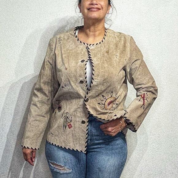 Chico’s Jackets & Blazers - Chico's Tan Genuine Suede Leather Vintage Native Tribal Jacket Sz 2